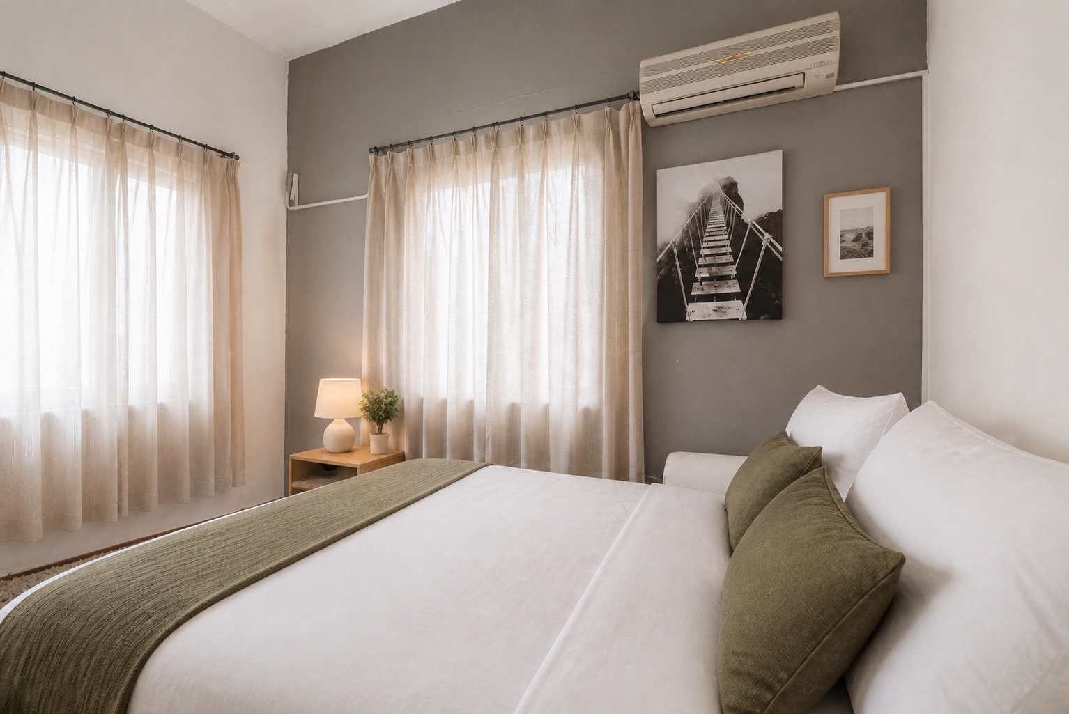 Professionally styled compact holiday rental bedroom