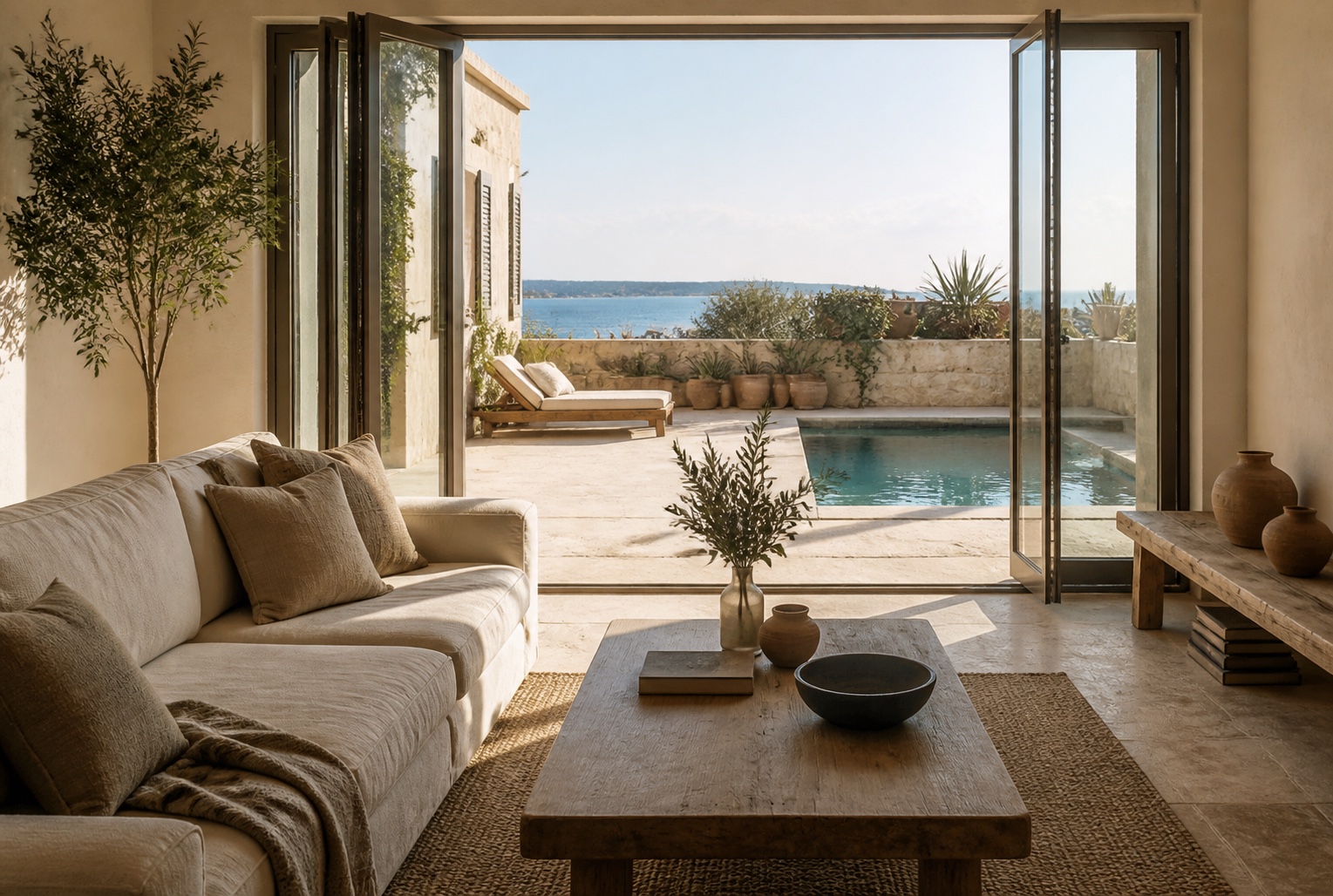 Realistic Mediterranean holiday rental living room opening to a private pool